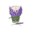 Candle decorated with lavender branches.